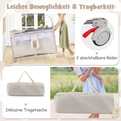Lettino da viaggio pieghevole 5 in 1 con materasso lettino per bambini a 2 livelli con ruote beige