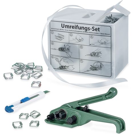 BRB Kit complet de cerclage mobile, 200 m de bande en polyester, largeur 16 mm, 80 pinces de fermeture, cutter et tendeur de bande (1/3)