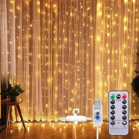 Curtain Lights, 3x3m Curtain Lights 300 LED Waterproof IP65 Wedding Curtain Lights, 8 Lighting Modes, Timer Remote Control, Wedding Window Decoration (Warm White) [Energy Class A+++] (1/5)