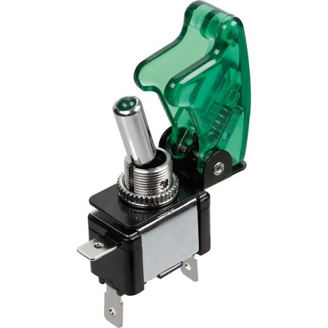 Interruttore a leva con sicura, in alluminio con spia a Led -  12/24V - Verde -   20A (1/3)