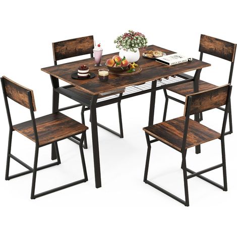 COSTWAY Juego de Mesa de Comedor de 5 Piezas, Mesa de Cocina Rectangular Industrial con 4 Sillas, Estante de Almacenamiento y Marco De Metal, Juego de Muebles para Comedor (Marrón rústico) (1/5)