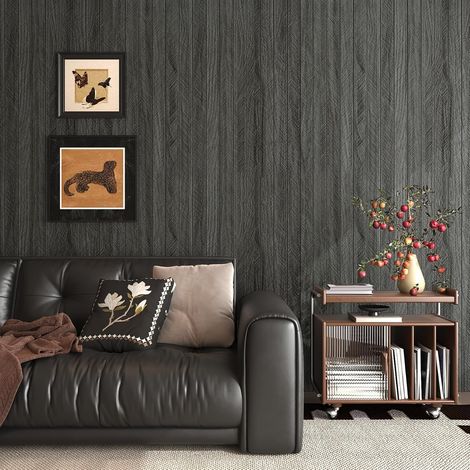 Epais Papier Peint Bois Papier Peint Chambre Adulte Mur TV Entrée Imitation Lattes de Bois Gris Anthracite 30CMx5M Panneau Tasseau Noir pour Bureau Commercial Vinyle Adhesif Boise Chevron (1/5)