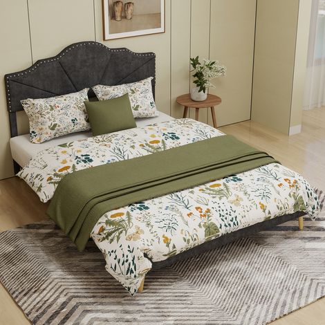 REDOM Lit coffre 160x200 cm Tête rembourrée géométrique Tissu et métal gris (Sans matelas) (1/5)