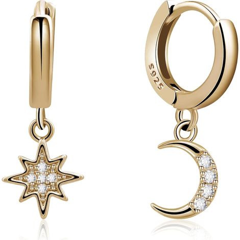 Boucles d'oreilles lune et étoile dorées, en argent sterling 925, faites main, pour femmes et filles