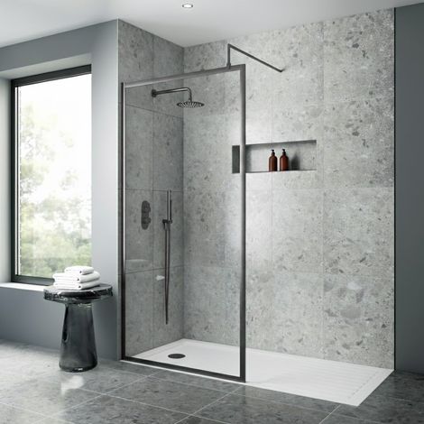 Nuie Full Outer Framed Wetroom Screen 700mm W x 1850mm H with Support Bar 8mm Glass - Brushed Pewter (1/3)