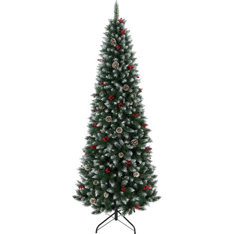HOMCOM árbol de Navidad lápiz nevado 210 cm, con 818 ramas, bayas rojas, piñas, base metálica plegable, apertura automática, para salón, verde (1/5)