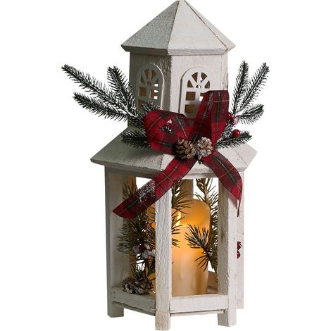 Lanterna LED Decorazione natalizia Abete Legno Fatto a mano Bianco Savivesi