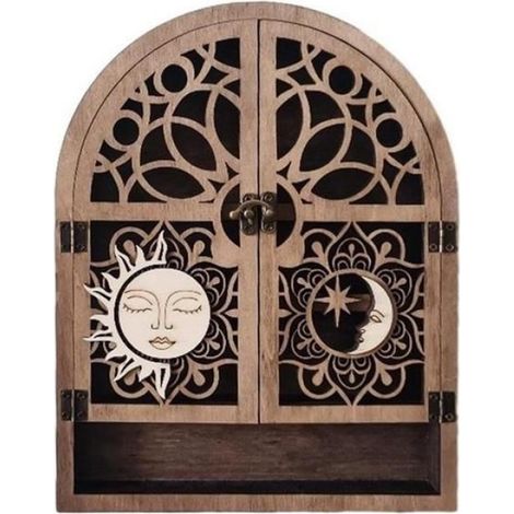 1 Présentoir 4 étagères, Bois naturel, Design Soleil Lune, Vitrine cristal, Décoration intérieur (1/5)