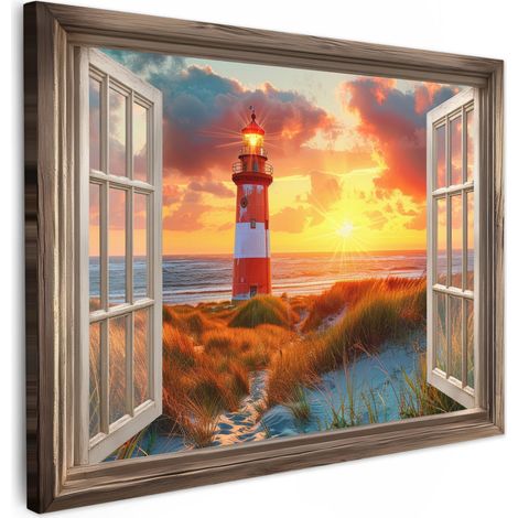 TABLEAU SUR TOILE Vue - Fenêtre - Phare - Coucher de soleil - Plage Tableau Décoration Murale Salon Tableaux muraux 80x60 cm