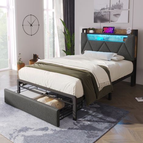Upholstered Single Bed with LED Lighting, USB Type-C Charging Function, Storage Headboard and Drawers, 3ft Single Bed 90 x 190 cm, Storage Bed Frame with Metal Slatted Frame,Linen, Grey(No Mattress)
