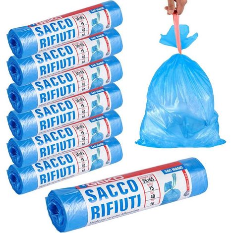 TrAdE Shop Traesio - 7x Rotoli Sacchetti Buste Spazzatura 40lt 55x65 Chiusura Laccetto Azzurro 105pz - (1/5)