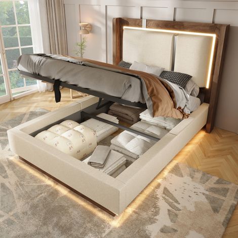 Lit coffre enfant 90x200 cm rembourré avec LED, relevable hydraulique, style rétro, lin beige et bois (1/5)