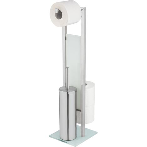 WENKO Set WC chiuso Rivalta in acciaio inossidabile, con portarotolo e portarotolo di riserva, argento opaco, acciaio inossidabile opaco resistente alla ruggine, vetro temperato bianco, polipropilene 