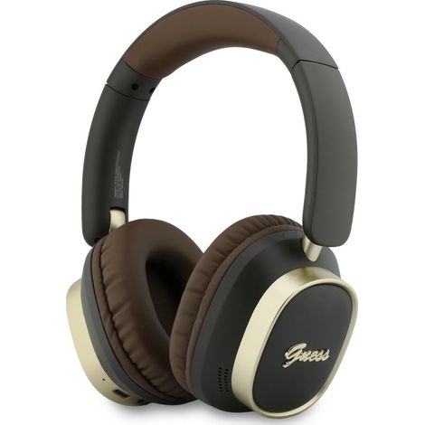 Cuffie circumaurali Guess Bluetooth ENC con design rettangolare in metallo e scritta marrone. (1/5)