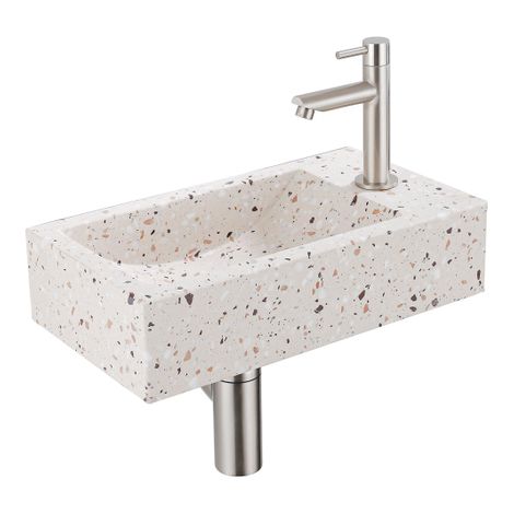 FugaFlow Eccelente Pietra Ensemble de fontaine - 40x22x10cm - trou de robinet à droite - robinet de fontaine en acier inoxydable brossé PVD - bouchon