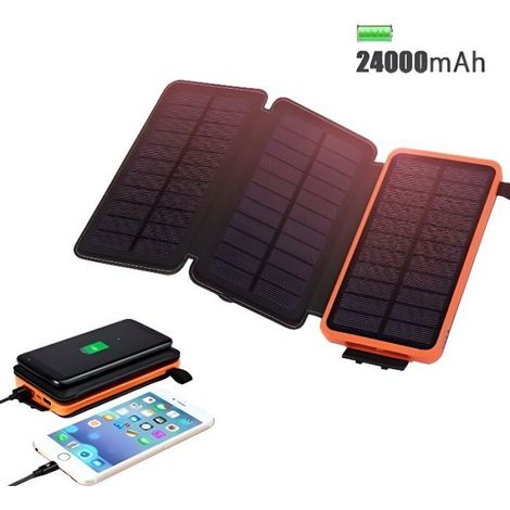 Chargeur Sans fil solaire 3 Panneau 24000mAh, Dual USB Haute Conversion d’Energie Portable Power Bank avec LED pour iPhone, Android (1/4)