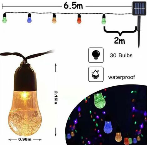 Guirlande lumineuse solaire - 30 ampoules en cristal 8 modes d'éclairage - Décoration jardin - 7 6 m blanc chaud (1/5)