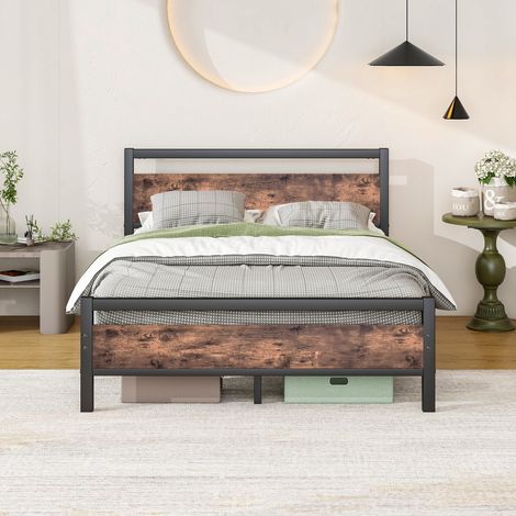 Cadre de lit 140x190 cm en métal et bois – lit simple stable avec sommier à lattes et espace de rangement, lit d'appoint/lit enfant (1/5)