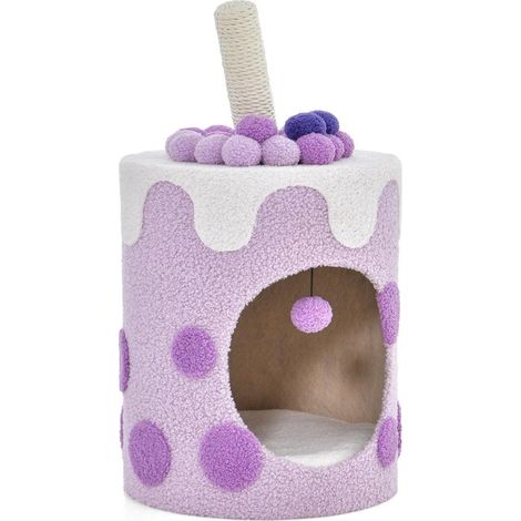 Rascador barril rascador en forma de te con leche con postes de sisal y pelota colgante violeta