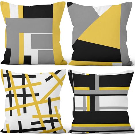 45x45cm Lot de 4 Housse de Coussin Jaune Gris Blanc Moderne Géométrique Motif Doux Court Peluche Carré Taie d'oreiller Décor Maison pour Chambre Salon Canapé Balcon Patio Jardin Chaise (1/5)