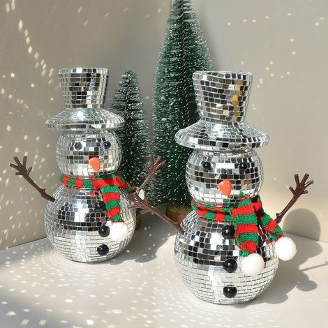 Boule À Disco - Bonhomme De Neige Décoratif Avec Écharpe Tricotée - Ornement De Noël Réfléchissant Pour Arbre, Cheminée Et Table - 20 cm (1/5)