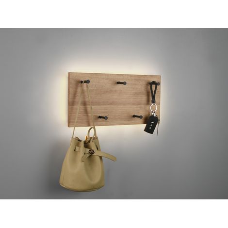 LED Holzbalken Wandgarderobe SAMANTHA mit 5 Haken 40x20cm