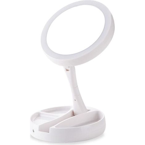 Espejo cosmético LED con aumento de 10x y 1x, espejo de maquillaje de doble cara, recargable, iluminado, con cable USB, plegable para almacenamiento, portátil para el hogar y viajes. (1/5)