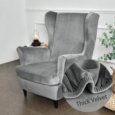 Housse de Fauteuil à Oreilles Velours Extensible 2-Pièces Couverture de Fauteuil avec Housse de Coussin en T, Couleur Unie Anthracite Housse de Fauteuil Antidérapante pour Strandmon,Chambre (Gris) (1/5)