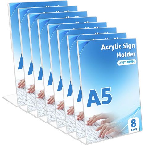 Porte Affiche A5 Vertical en Plexiglas, Lot de 8 Présentoirs de Table Transparents, Chevalet de Menu pour Restaurant et Bureau, Design en L Stable, 14.8 x 21 cm (1/5)