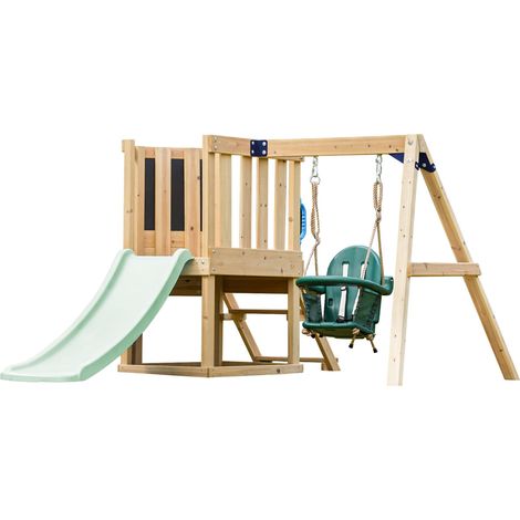 Axi Timo Mini Aire De Jeux - Toboggan Vert Pastel Cabane Pour Enfant Avec Balançoire Pour Bébé, Mur D'Escalade Et Tableau Noir Structure De Jeux Pour Le Jardin