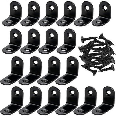 Lot de 20 équerres d'angle en L avec 40 vis, équerres d'angle pour bois, acier inoxydable noir (1/4)