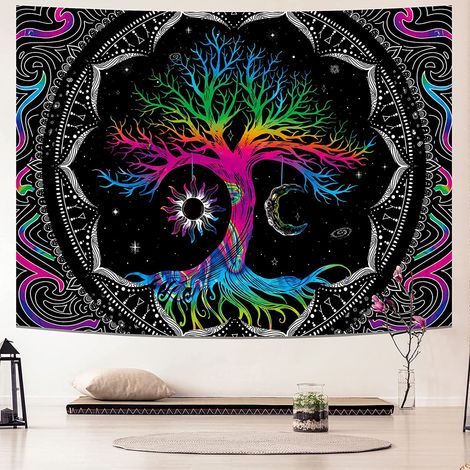 AGE Arbre de Vie Tapisserie Murale Trippy Mandala Soleil et Lune Tapisserie Noir Galaxy Étoiles Tenture Murale Bohème Esthétique Décor À La Maison (1/5)