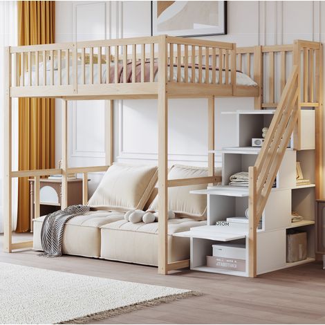 Cama alta 252x147x180.5 cm, con escalera de almacenamiento, barandilla de seguridad, madera, color natural (1/5)