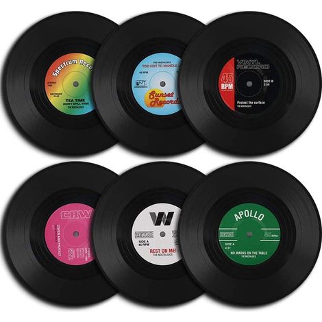 Set mit 6 Untersetzern, 10,4 cm, in Form von Retro-Schallplatten, für heiße und kalte Getränke, rutschfester Tischschutz.