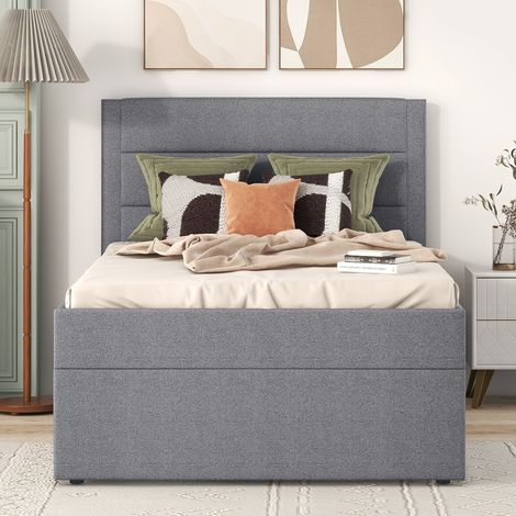 Lit capitonné 90x200, sommier à lattes intégré, cadre en acier robuste, rangement spacieux, sans matelas, gris anthracite, dimensions 200x90 cm. (1/5)