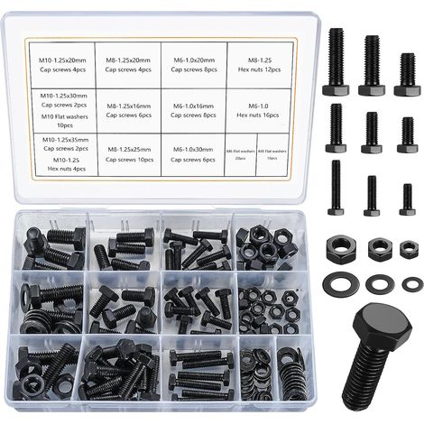 128 Pièces Boulons Hexagonaux Plats et écrous et Rondelles, M6 M8 M10 Vis à Tête Hexagonale Boulons et écrous Acier Inoxydable, Boulon Vis Filetée Machines Boulons à Six Pans Rondelles(128 noir) (1/5)