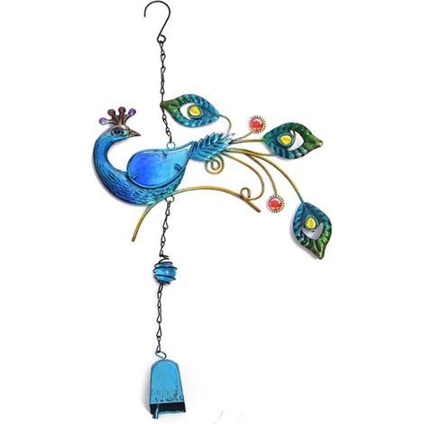 Carillon éolien en métal coloré en forme de paon, horloge murale décorative peinte pour balcon, carillon éolien pour jardin ou cour, longueur 46 cm, largeur 21 cm (1/5)