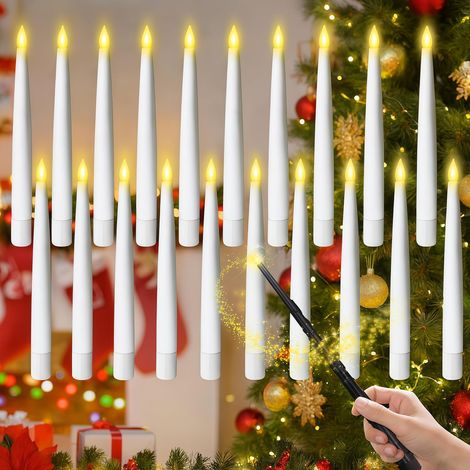 Décorations de Noël, lot de 20 bougies flottantes avec baguette magique et télécommande, bougie LED sans flamme pour décoration d'Halloween, intérieur et extérieur, mariage, fête (1/5)