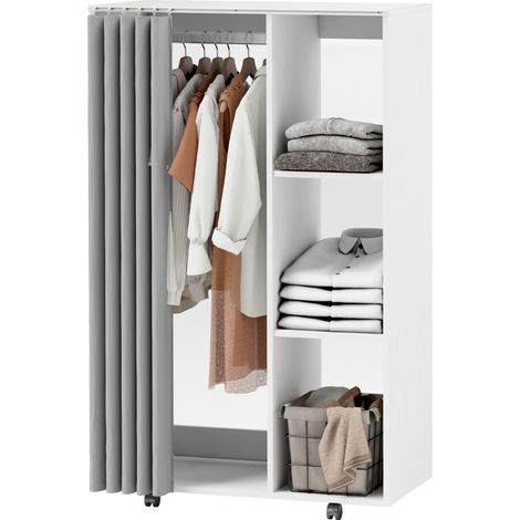 Armoire penderie vêtement dressing mobile 4 roulettes avec tringle à vêtements et étagères ouvertes, blanc (1/5)