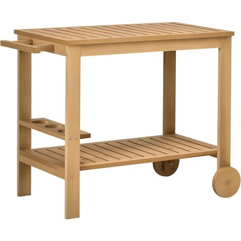 Desserte de Jardin pour plancha et Barbecue en Bois avec Chariot à poignée, 2 Plateaux et Porte-Bouteilles 95 x 47 x 74 cm (1/5)