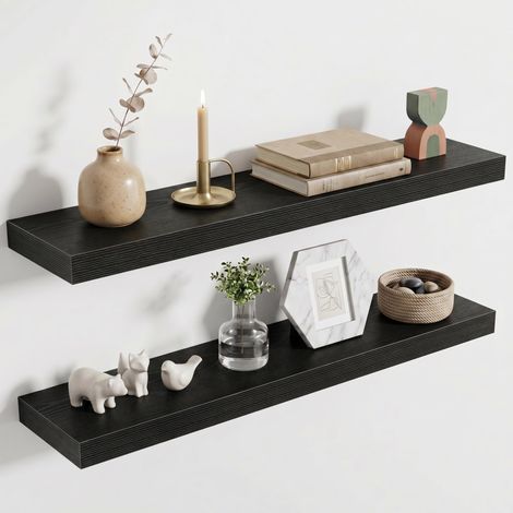 Étagère Murale en Bois, Version Extra résistante, Longueur 80 cm, Tablette Murale pour Salon, Salle de Bain, Chambre, Cuisine, Noir, Lot de 2 (1/5)