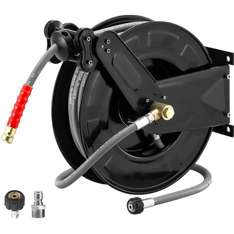Enrouleur de Tuyau Haute Pression 3/8"x15m, pour Eau Chaude/Froide Enrouleur de Tuyau Automatique en Acier pour Nettoyeur Haute Pression, Montage Murale, Tuyau Tressé Acier, Noir, 280 bar (1/5)