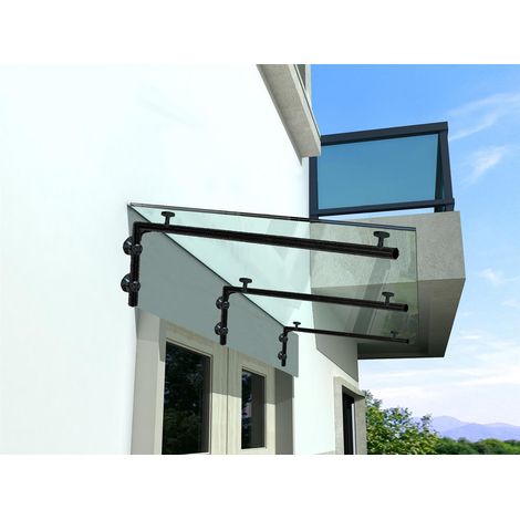 Glaswerk Westfalen - (3L) 250x90 cm Klarglas Glasvordach inkl. Halter in Schwarz