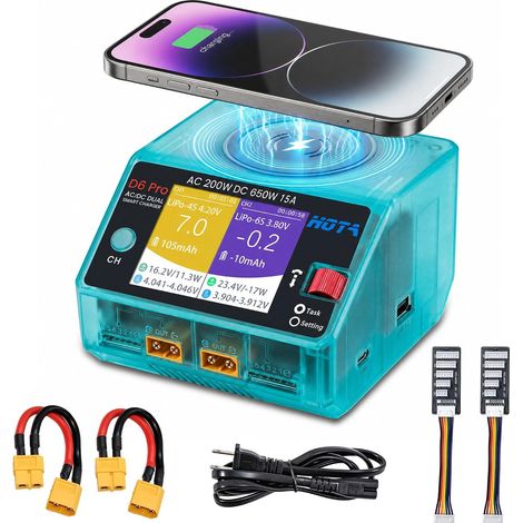 D6 Pro Chargeur Batterie LiPo,Double Canal 15A 650W AC/DC Chargeur Balanceur avec Recharge sans Fil Qi,pour Batteries 1-6S LiPo LiHV NiMH PB RC Voiture Bateau FPV Drone (1/5)