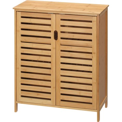 Meuble de salle de bain moderne à 2 portes avec 2 étagères aérées en bambou, 68 x 32 x 86 cm, couleur bois (1/5)