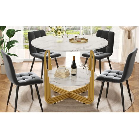 Table de salle à manger ronde 80x80x76cm, table basse pour 4 personnes avec plateau imitation marbre MDF et rangement central, parfaite pour salon ou salle à manger
