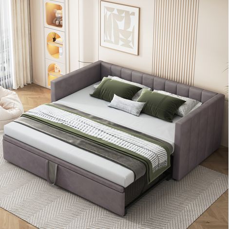 Schlafsofa Samtstoff Grau 90x200/180x200 cm mit ausziehbarem Bettrahmen und Lattenrost (1/5)