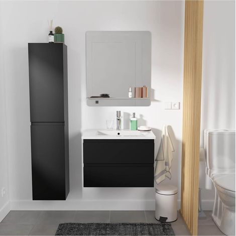 Mob-In – Meuble simple vasque 60cm avec miroir et colonne Sorrento – Panneau mélaminé – Colonne 140cm noir carbone – Rangement optimisé