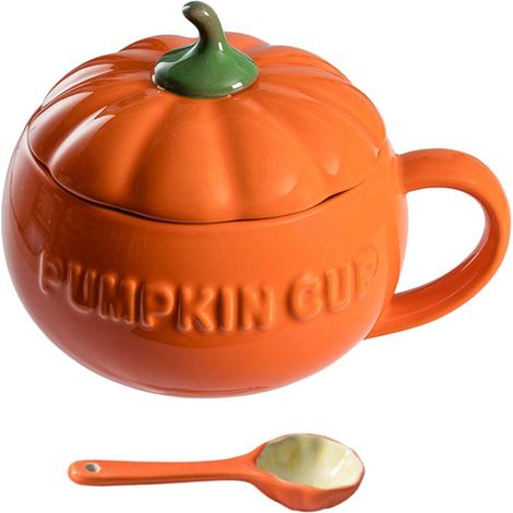 Mug en céramique en forme de citrouille avec couvercle et cuillère, parfait pour le café/thé d'automne. (1/5)