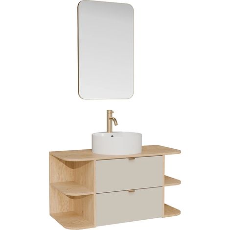 Meuble de salle de bain suspendu avec niches, vasque à poser ronde, robinet et miroir - Beige et naturel clair - 100 cm - LAVENA (1/5)